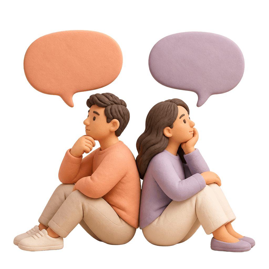 A couple sitting back to back, each with their own thoughts